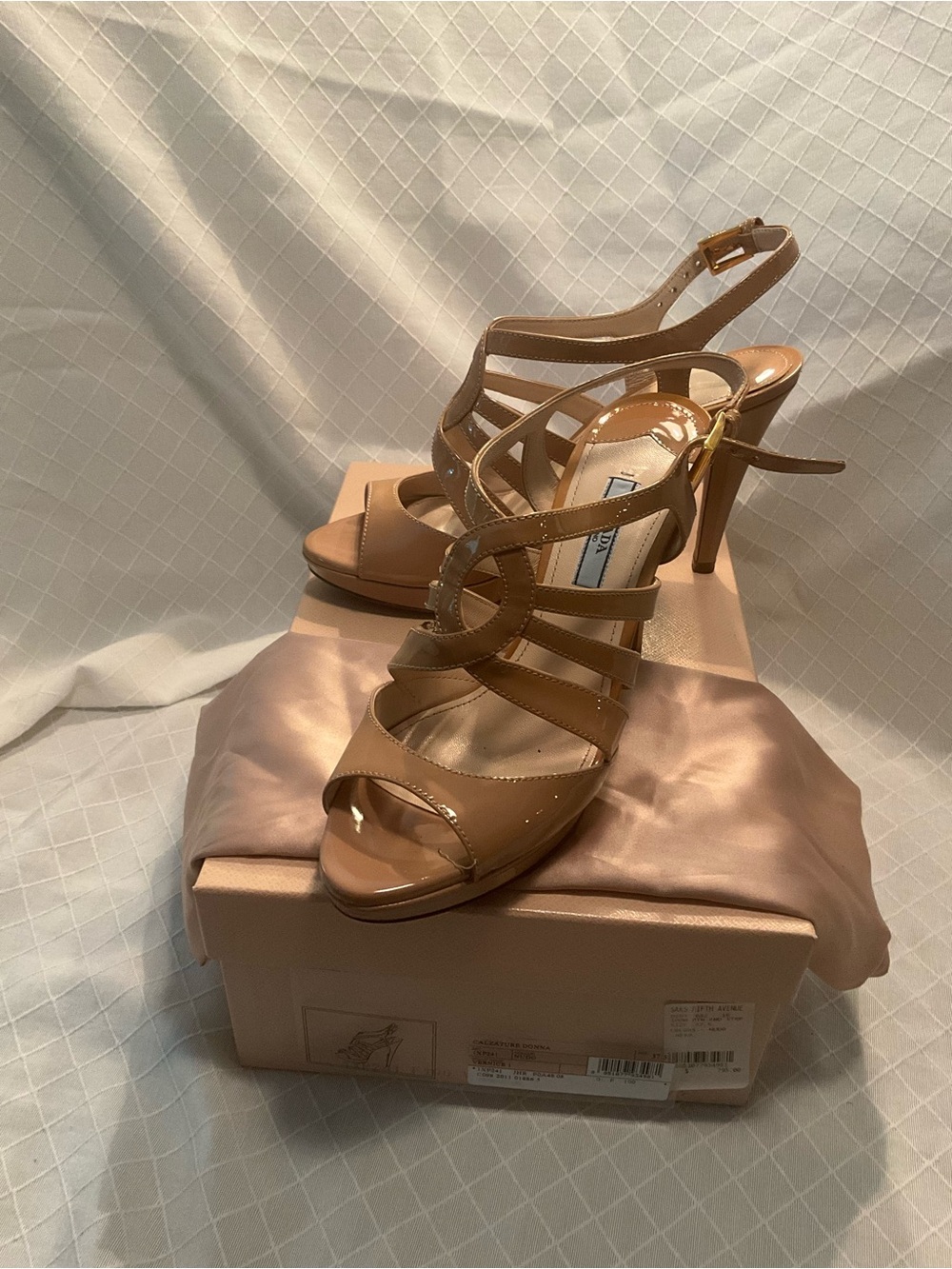 Prada Tan Strappy Patent Leather High Heel Sandals